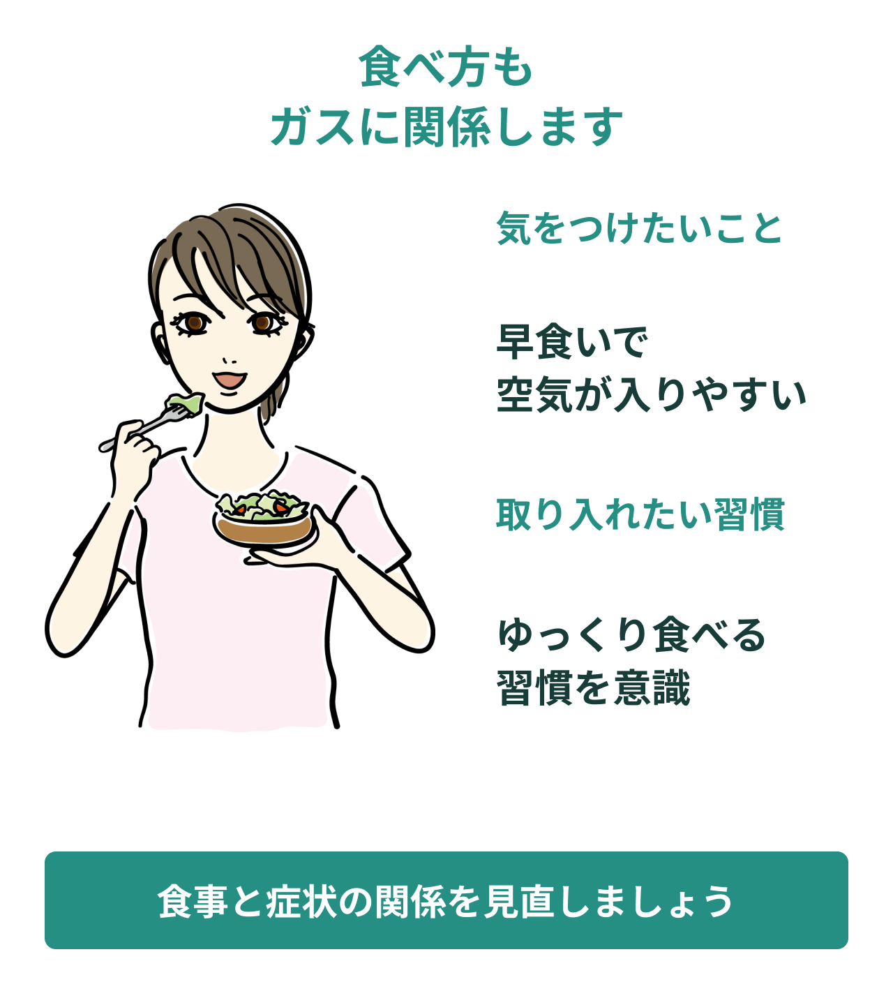 食べ方もガスに関係します。気をつけたいこと。早食いで空気が入りやすい。ゆっくり食べる習慣を意識。食事と症状の関係を見直しましょう。取り入れたい習慣。