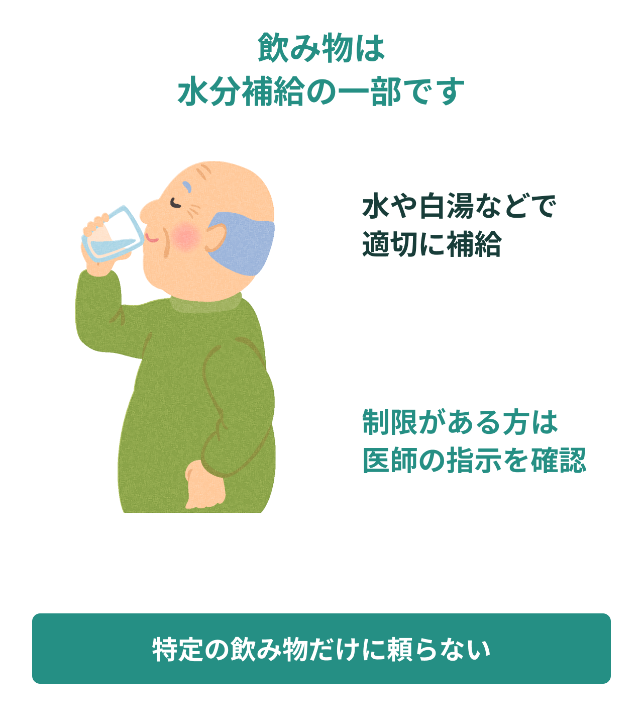 飲み物は水分補給の一部です。水や白湯などで適切に補給。制限がある方は医師の指示を確認。特定の飲み物だけに頼らない。