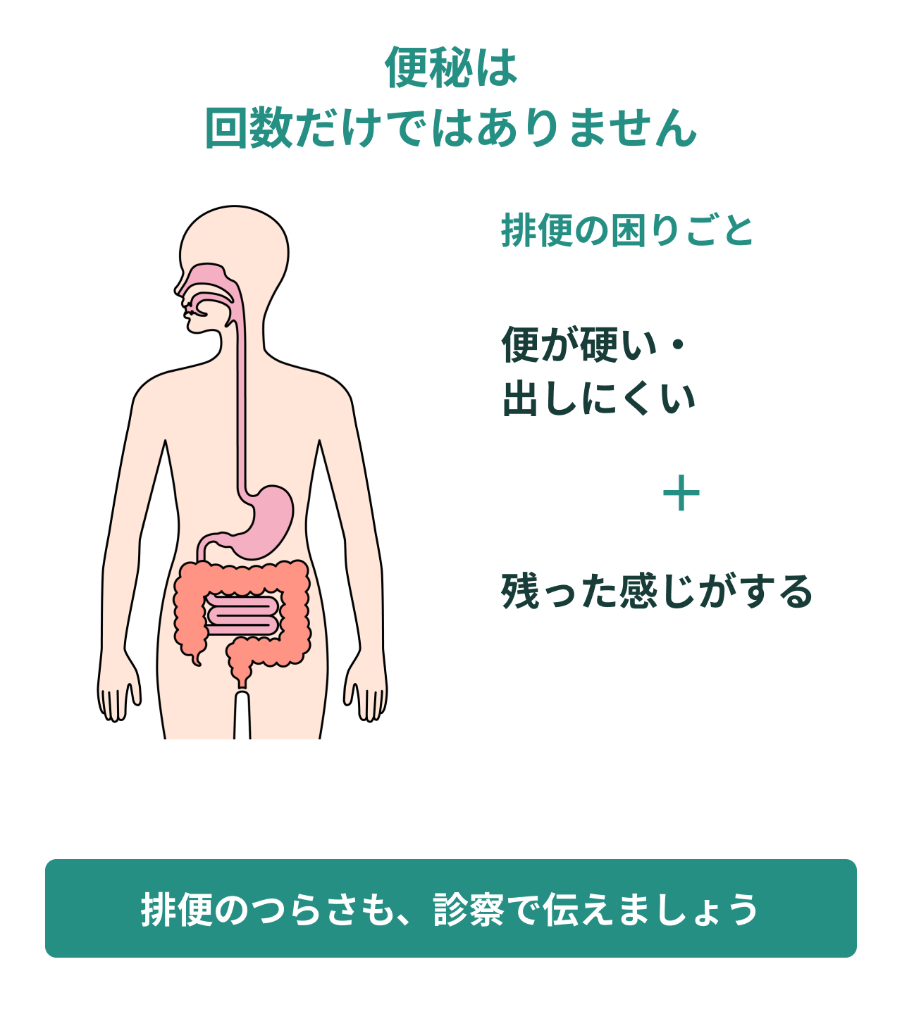 便秘は回数だけではありません。排便の困りごと。便が硬い・出しにくい。残った感じがする。排便のつらさも、診察で伝えましょう。