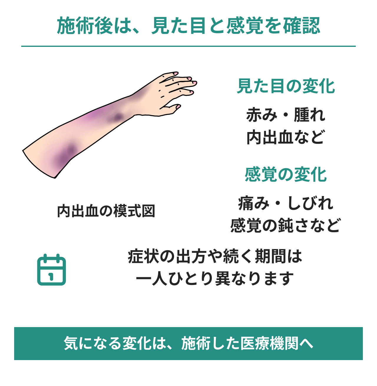 脂肪冷却後は見た目と感覚を確認する図。内出血の模式図とともに、赤み・腫れ・内出血、痛み・しびれ・感覚の鈍さを観察し、症状の出方や続く期間には個人差があることを説明。