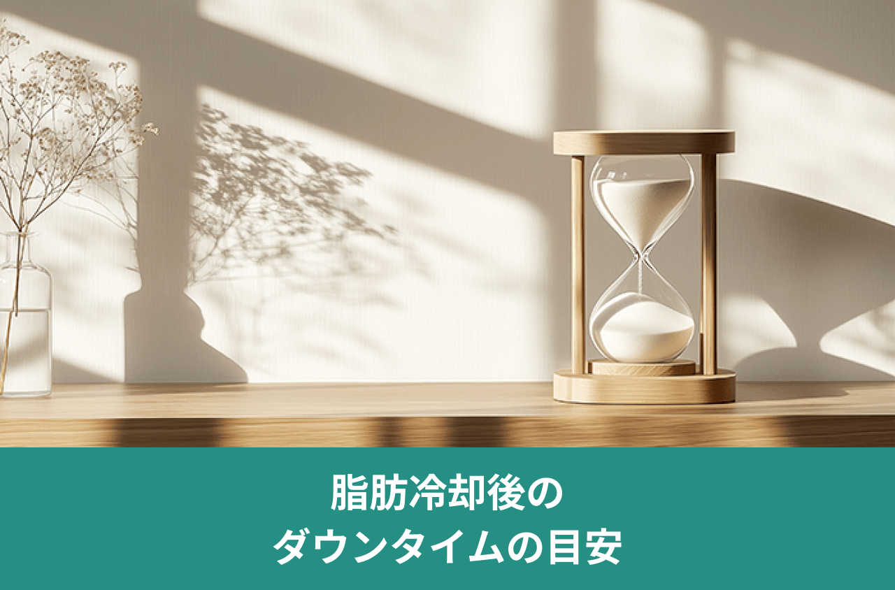 脂肪冷却後のダウンタイムの目安。窓辺に置かれた砂時計の写真。